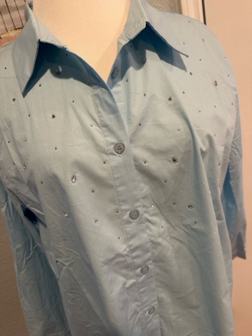 Lovelo Sz Medium Sky Blue Button-Down Rhinestone Bling Blouse NWT!